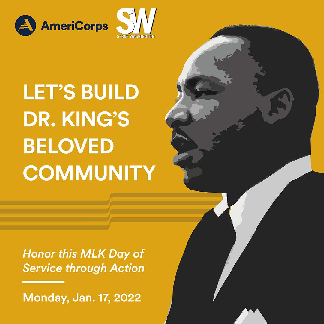 image of Martin Luther King Junior with AmeriCorps and Serve Washington logos